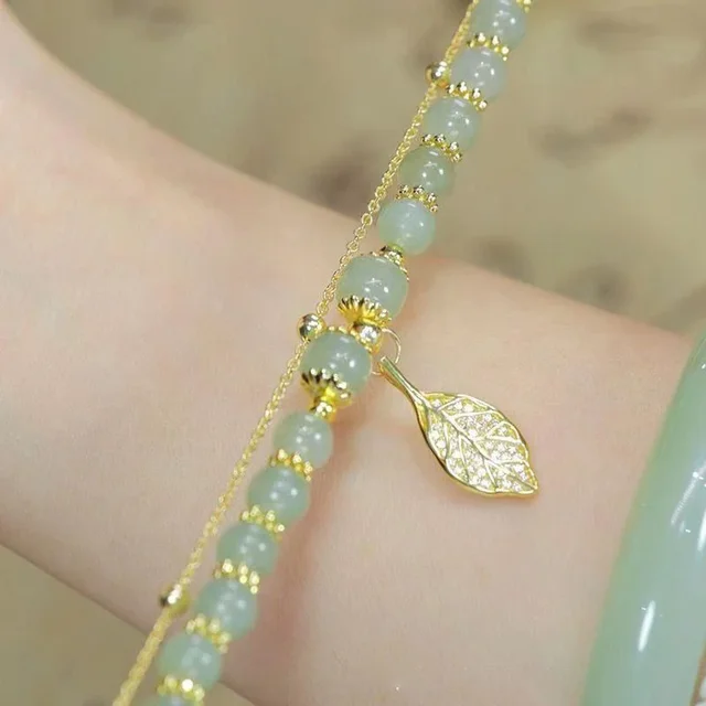52150-57f33e.jpg Chinese Style Green Jade Bracelet For Women Exquisite Gold Color Leaves Wrist Strap Bangle Double Chain Bracelet Girls Gifts