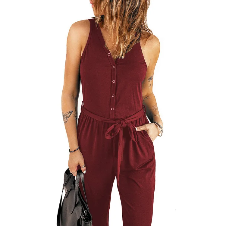 Jumpsuit Women Summer 2023 New Sleeveless Jumpsuit Fashion Solid Color V-neck Laced Casual Jumpsuit Female