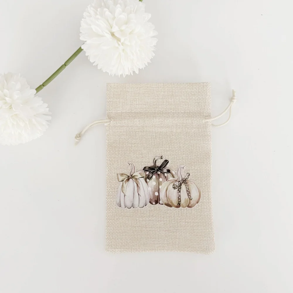 2025 Halloween Linen Drawstring Bag Candy Biscuit Storage Pouch Bun Mouth Holiday Party Ghost Face Cotton Printed Bag