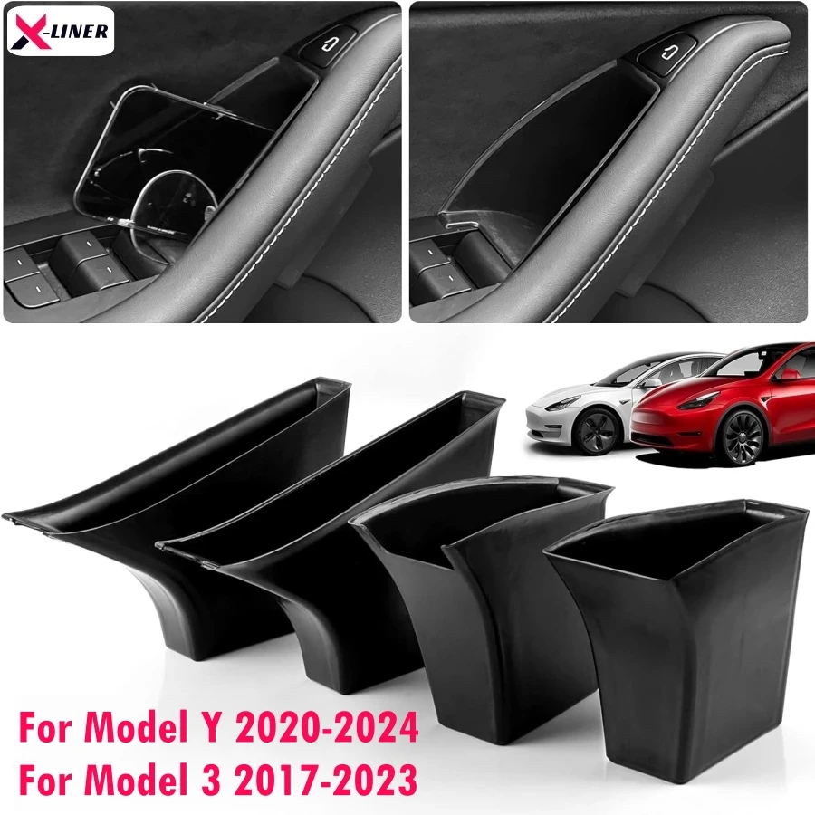 4PCS Door Side Storage Box For Tesla Model 3 Y 2017-2023 Handle Pocket Armrest Driver Passenger Storage Tray Container Organizer