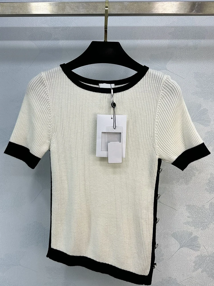 

Fashion Designer Summer Knitting Pullovers Women O-Neck Short Sleeve Chic Button Asymmetrical Straight Barrel Sweaters