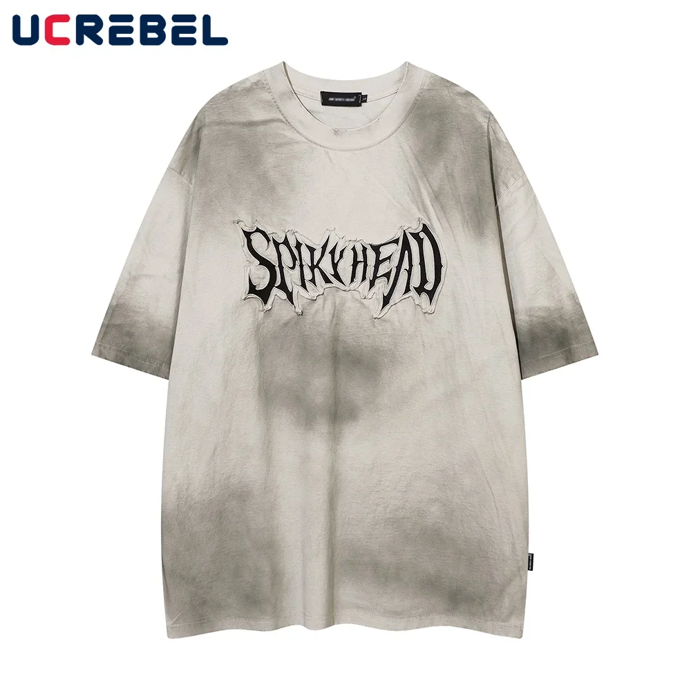 Patch Stickerei Kurzarm T-Shirt Herren High Street Letter Sprüh farbe lose Rundhals ausschnitt Halbarm Baumwolle T-Shirt Männer