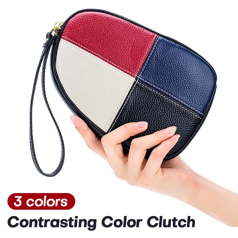 Womens Leather Clutch Collar Bag Zipper Contrast Color Cowhide Phone Clutch Wallet Women's Soft Personalized Handbag