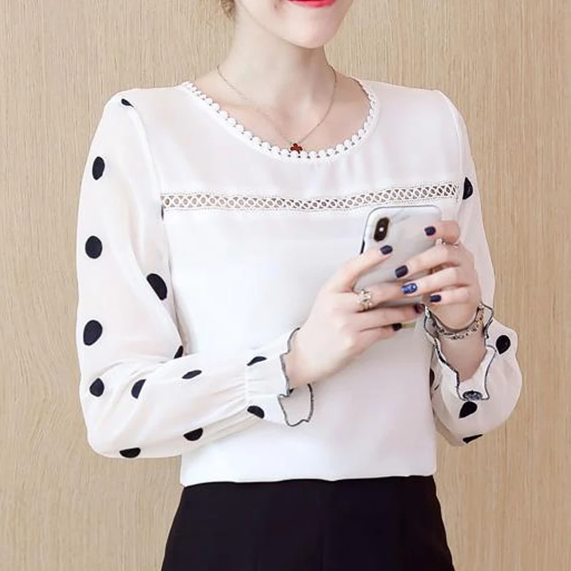 Women's Long Sleeve Chiffon Blouse Hollow Out Tops O-Neck Black Dot White Sweet Clothing Fashion 2025 New D383