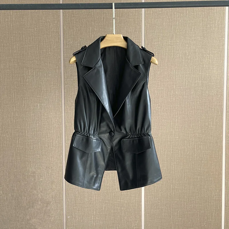 Women's Genuine Sheepskin Leather Vest, Slim Waist Jacket, Ladies Suit Collar, Short Sleeveless Vest, 4XL, Spring and Autumn women s genuine leather waistcoat lapel short vest sheepskin tops slim sleeveless vest short outer wear spring autumn