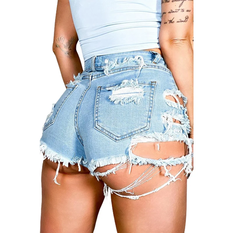 Fashion Broken Holes Hollow Out Ultra-short Denim Shorts Women New Casual Light Blue Three Quarter Pants Female Trend Streetwear