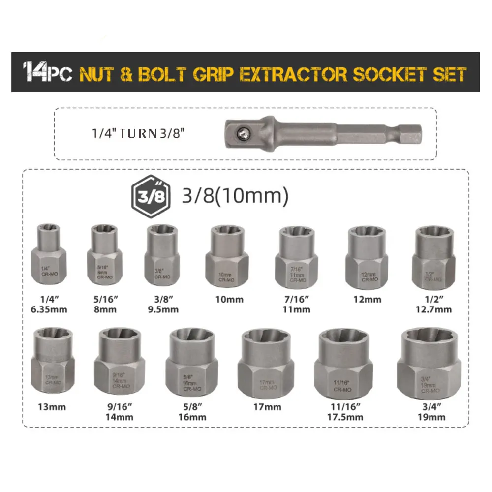 Bolt Extractor Set 14 Pcs Impact Bolt Nut Remover Cr-Mo Steel for Industrial