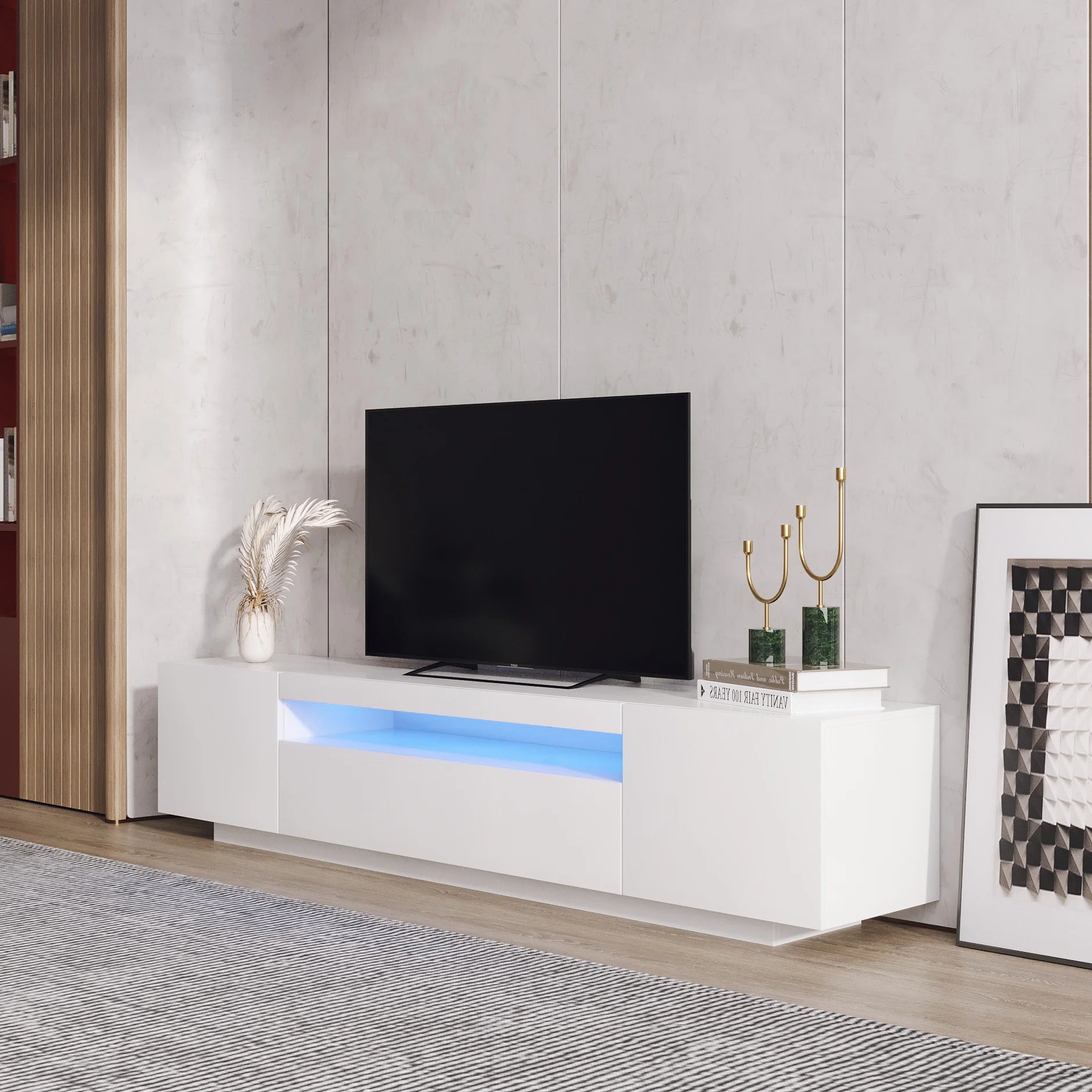 Living Room With Book Shelf New Model Modern Led/lcd Light High Gloss Luxury Tv Stand Unit For