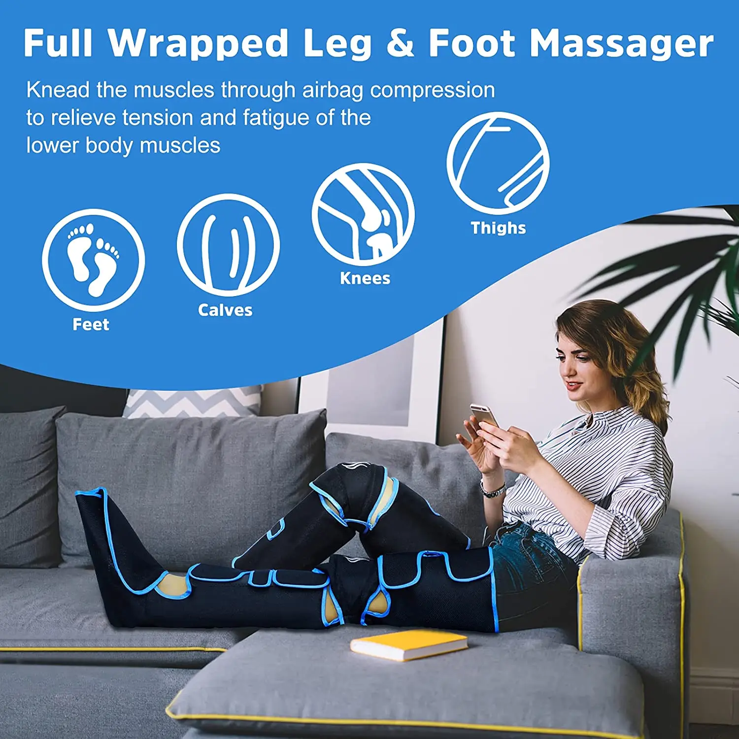 Massaggiatore Airpress per gambe, compressione polpaccio, massaggio ai piedi, muscoli, sollievo dal dolore, stivali, dispositivo con controller portatile, calore per ginocchia_voghion.com