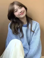 Korean Lazy School Sle Color Blo Striped Blue Sweater Women's Autumn Winter Thiened round Ne Loose Soft Top