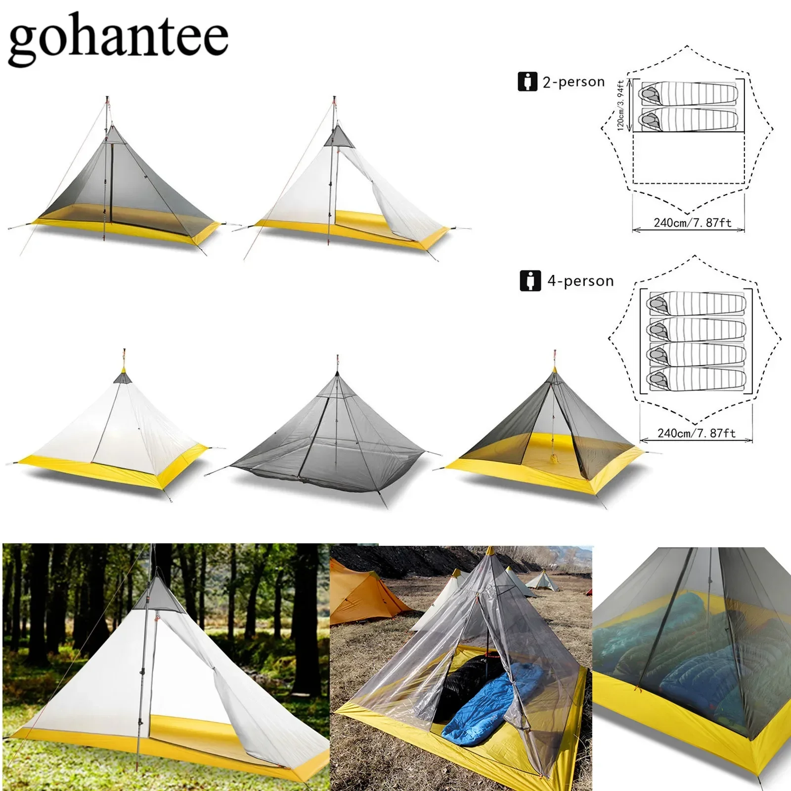 Camping Tent Ultralight 2-4 Person Outdoor Rodless Pyramid Large Tent Breathable 3-4 Season Inner camping tent portable tent survival tent