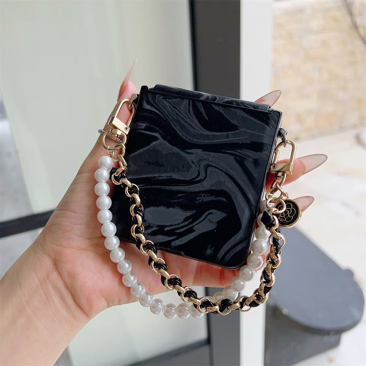 Velvet Water Ripple Phone Case with Pearl Strap - Fashionable Style