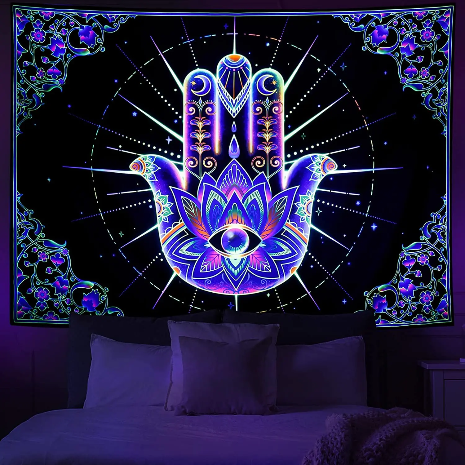 Blacklight  Mandala Kárpit Huszita Hippi szoba dekor Esztétikai UV Visszamenőleges Jóga meditációt falra Akasztás tapestrie számára Hálószoba