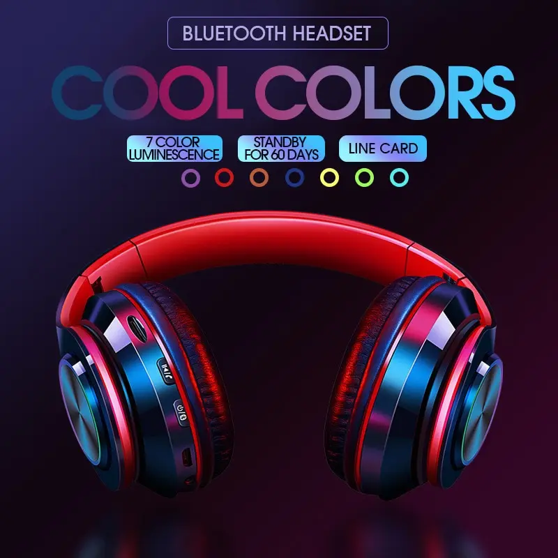 

Wireless Light emitting Headset Pluggable Card Folding Sports Game Music Bluetooth Headset Subwoofer Stereo E-sports Headset