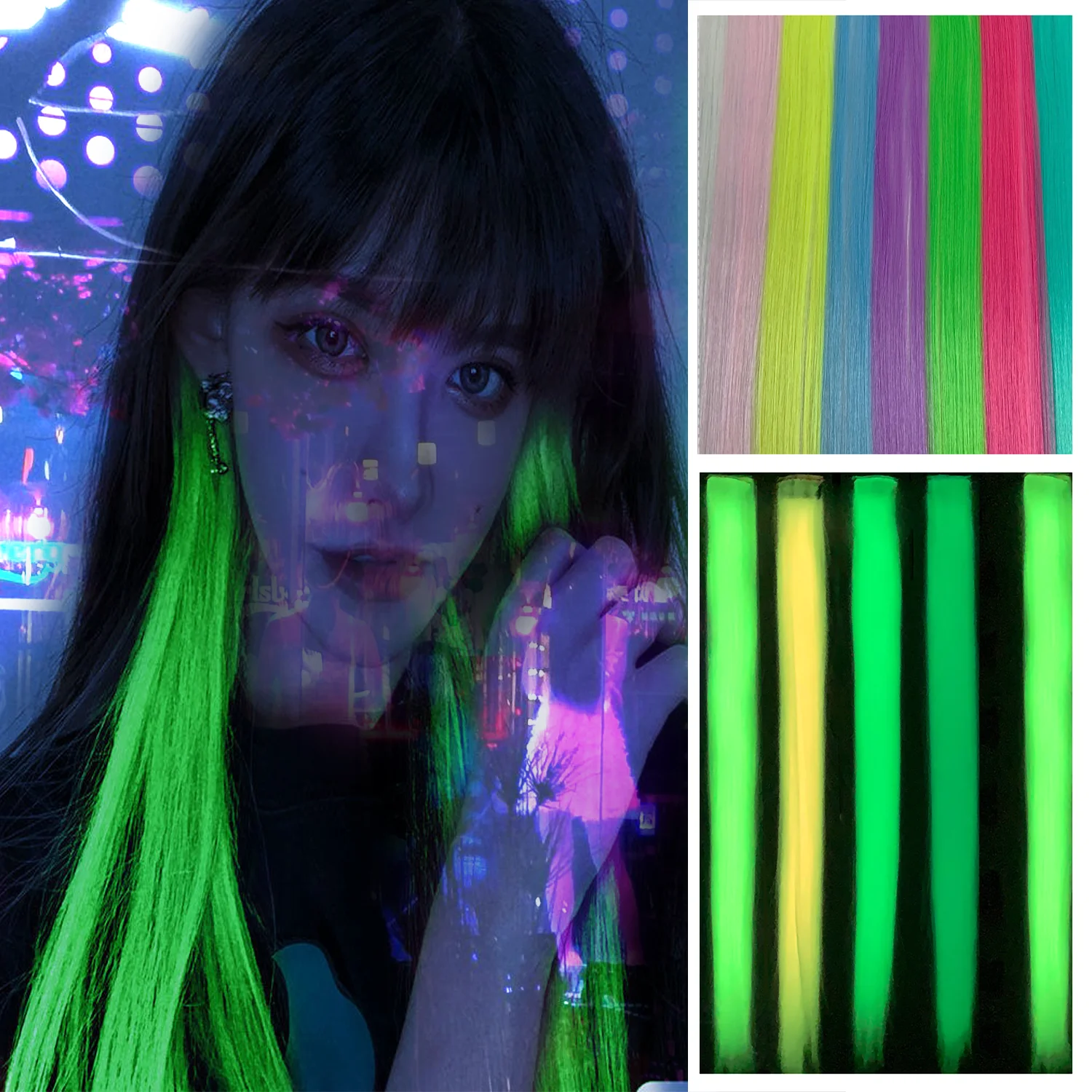 

5pc 20Inch Glow in the Dark Hair Extensions Clip Luminous Colored Hairpieces Party Rainbow Hair Clips Synthetic Straight Wig