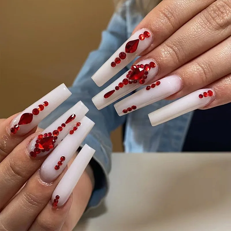 24pcs Detachable Coffin False Nails Red Rhinestone Design Wearable Long Ballerina Fake Nail With Glue Full Cover Nail Tips False Nails Aliexpress