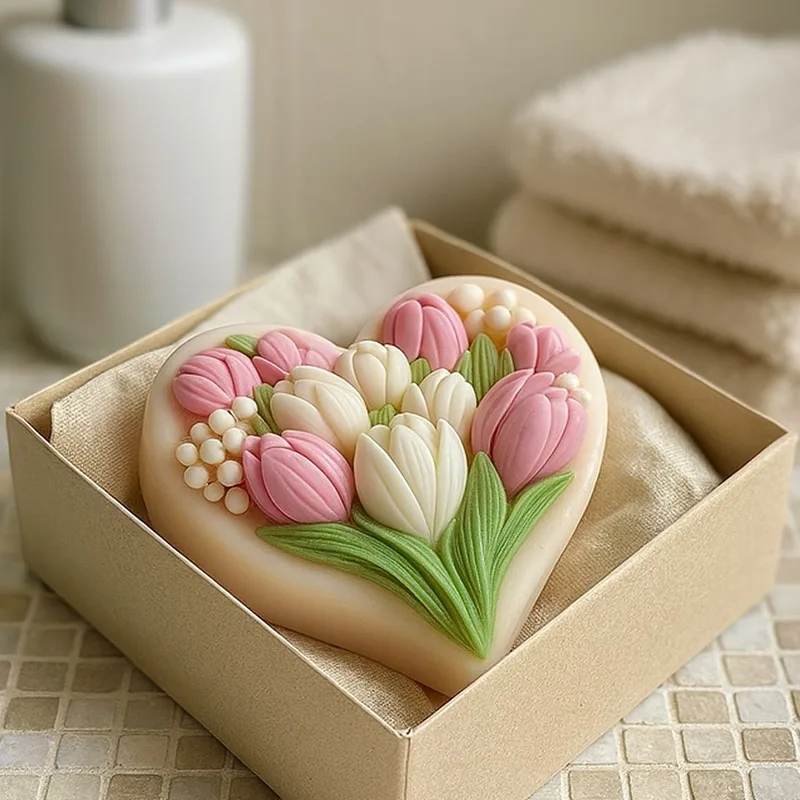 3D heart-shaped tulip silicone mold with clear texture easy to clean and demould for handmade DIY soap decoration ornaments