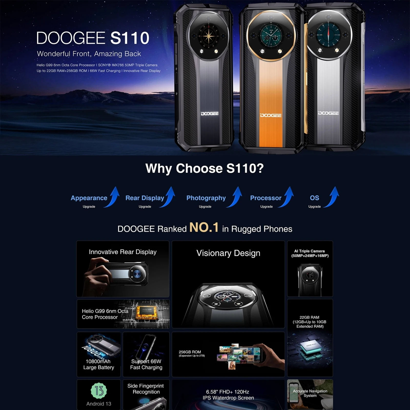 DOOGEE S110 4G LTE Rugged Phone Outdoor Android 13.0 Mobile 66W Fast  Charging