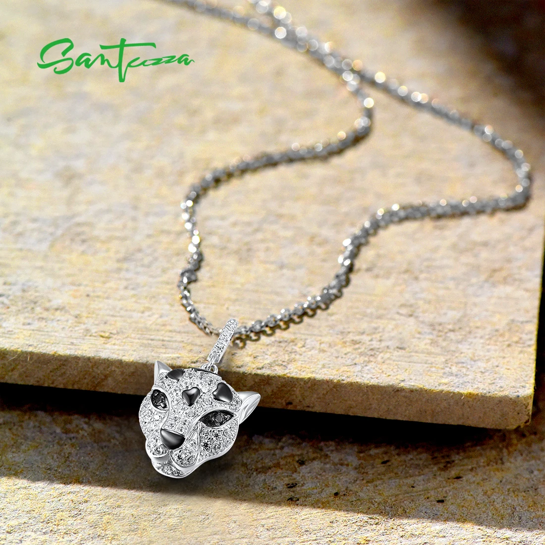 SANTUZZA 925 Sterling Silver Pendant For Women Sparkling Green Spinel White Cubic Zirconia Cute Leopard Trendy Fine Chic Jewelry