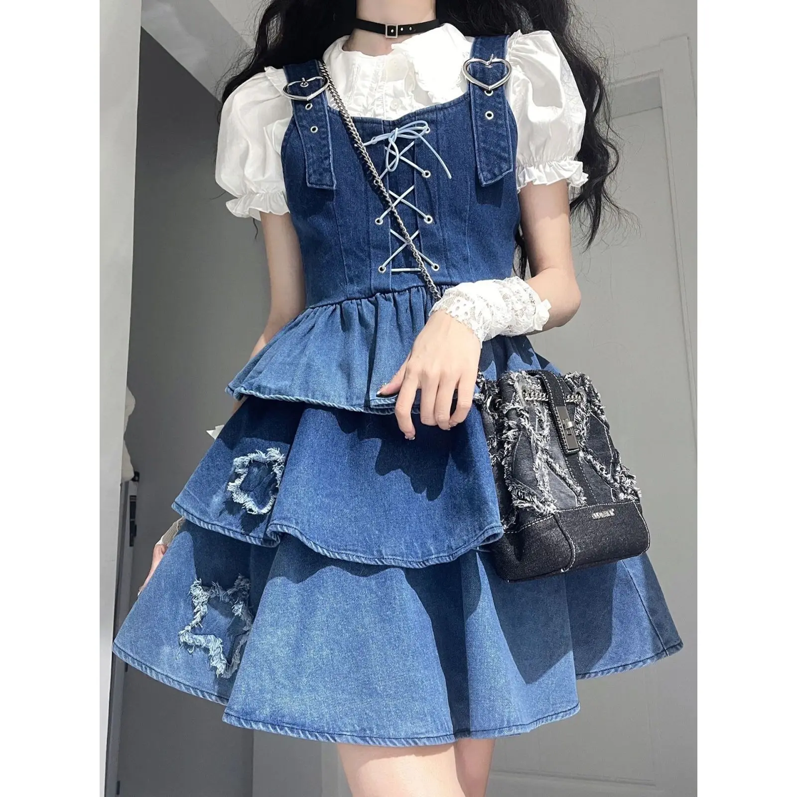 White Lace Puff Sleeve Shirt Bandage Pleated Denim Suspender Dress Women Y2k Sweet Lolita Dress Suit Plus Size