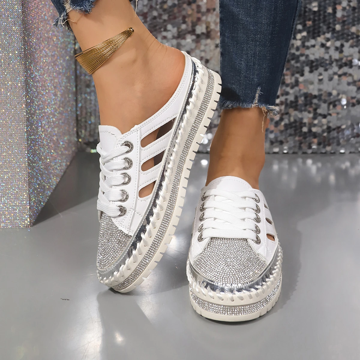 woman trend Crystal Half Slippers for Women Flat Platform Shoes Comfortable Elegant Women's Shoes Bling Luxury Women's Sandals