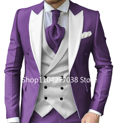 Luxury Men's Suits Peak Lapel Slim Fit Blazers 3 Pieces Blazer Vest and Pants Dress Suit for Men Banquet Business