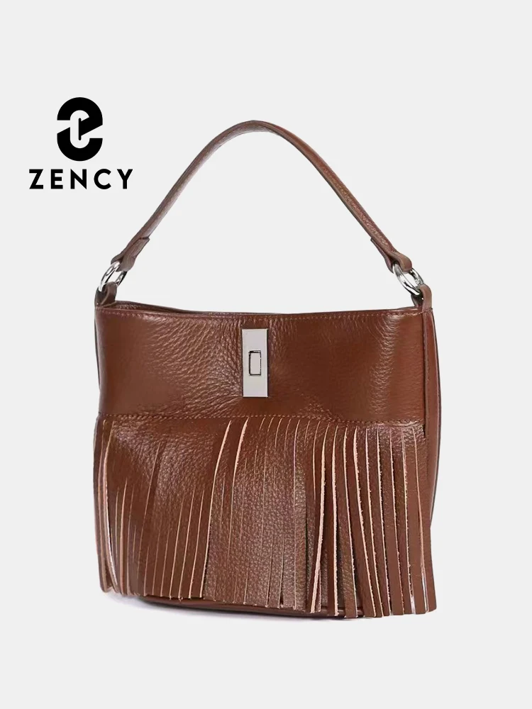 

Zency Genuine Leather Ladies Large Shopper Shoulder Bag Tassel Designer Bucket Handbag Winter Underarm Long Strap Tote Bags