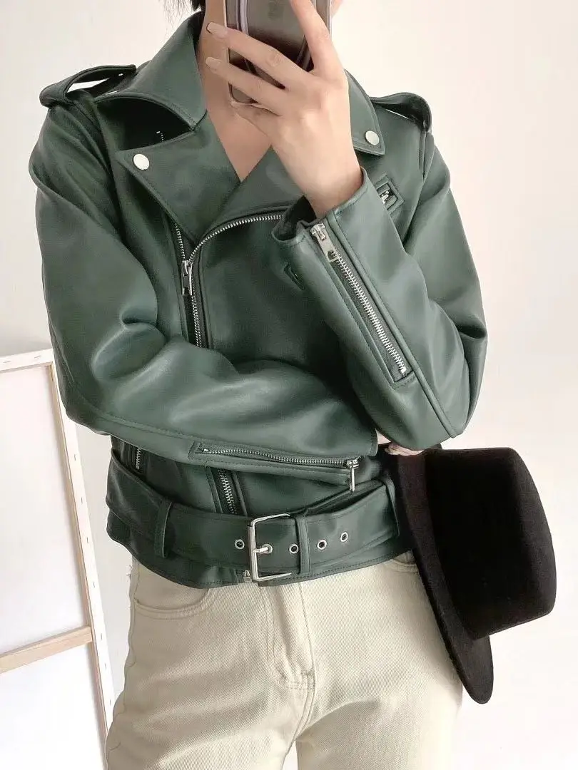

New Arrival 2022 Brand Winter Autumn Motorcycle Leather Jackets Green Leather Jacket Women Leather Coat Slim PU Jacket Leather