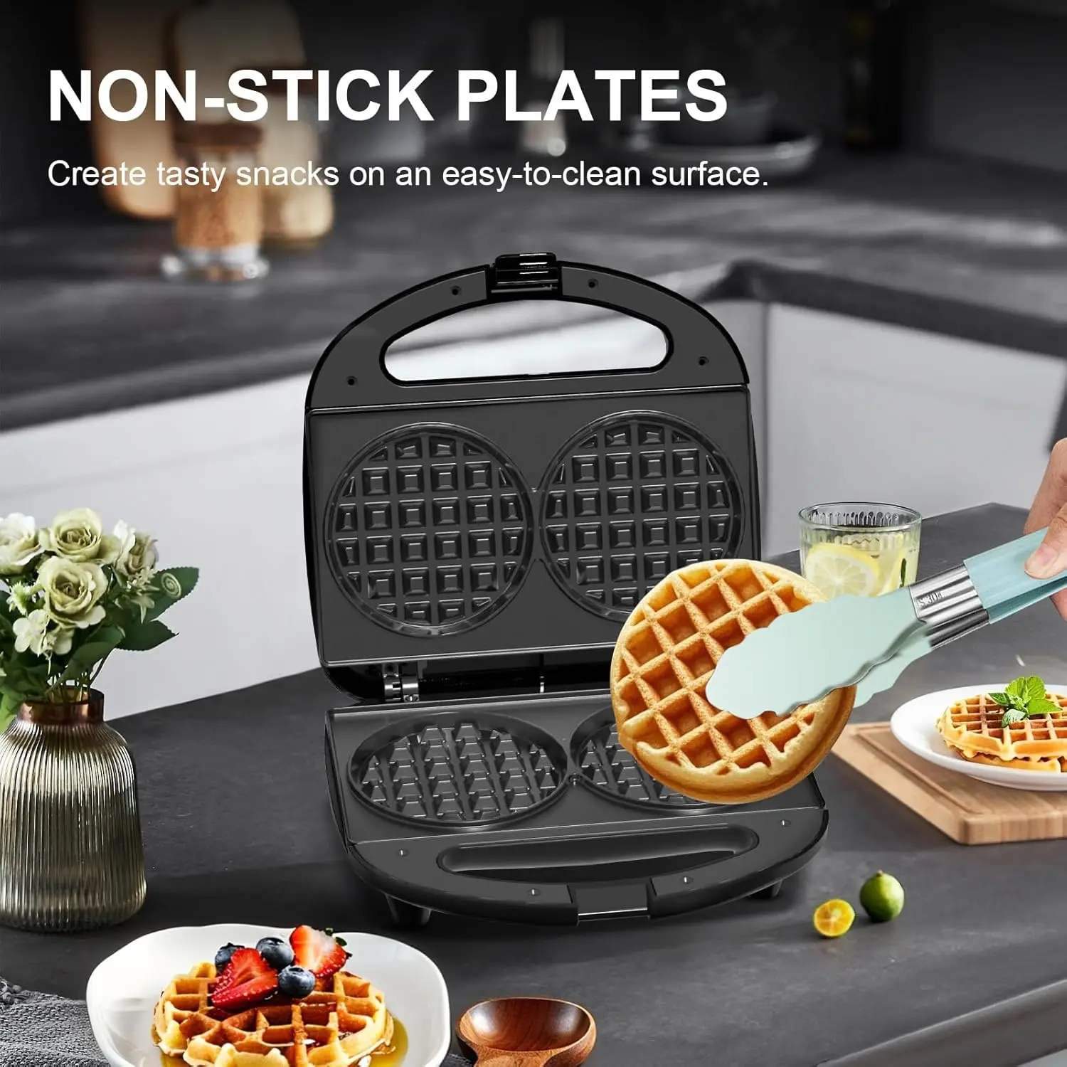 3-in-1 Sandwich Maker with Removable Plates, Panini Press, Waffle Maker, Non-Stick, 750W Compact Breakfast Grill for Sandwiches, Waffles, Steak, Black 4