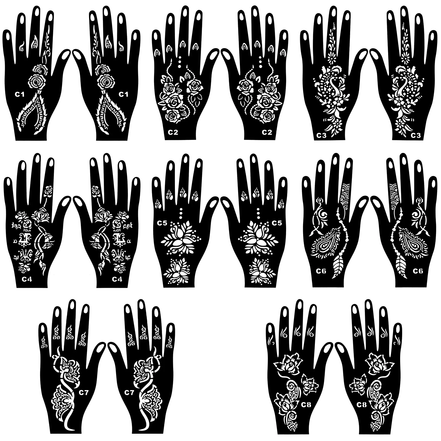 

Henna Stencils, 8 Pcs Mehndi Full Hand Sticker Henna Semi Permanent Tattoo Template for Indian Body Art Teen Girl Stylish Unique