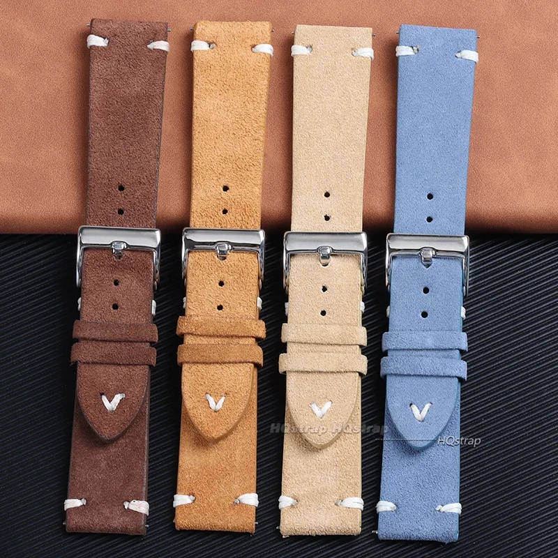 Vintage Grey Suede Leather Watch Strap with Handmade Stitching - Soft Replacement Wristband
