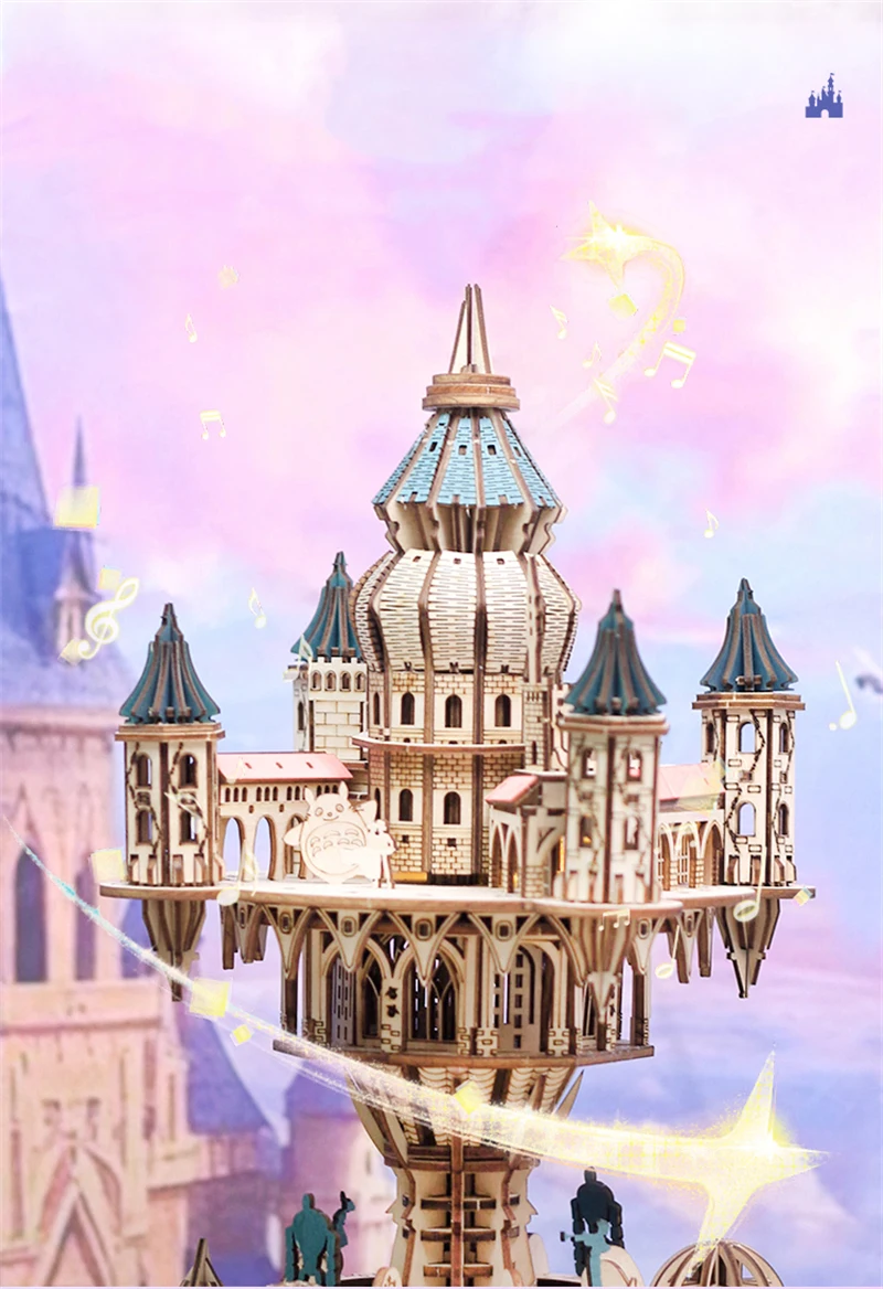 Completed 3D Wooden Castle Music Box Puzzle Display