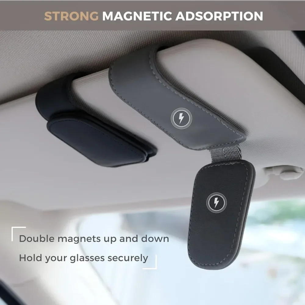 Magnetic Leather Sunglass Holder, Eyeglass Hanger Clip for Car Sun Visor, Suitable for Different Size Eyeglasses