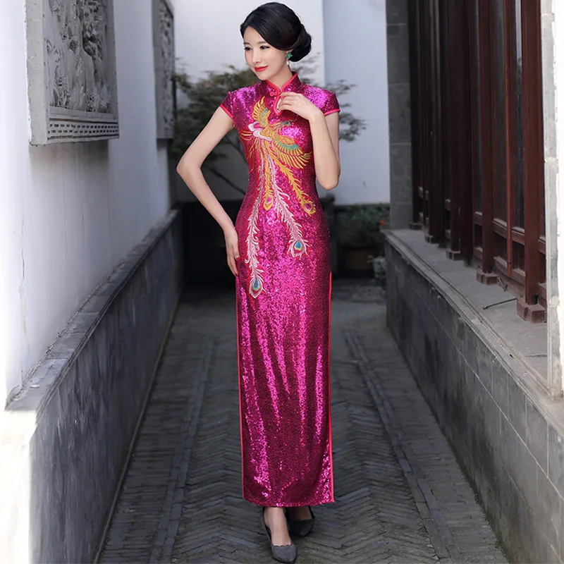 

Plus Size 3Xl 4Xl 5Xl Qipao Improved Cheongsam Women New Year Show Banquet Gown Chinese Style Sequins Dresses Split Vestidos