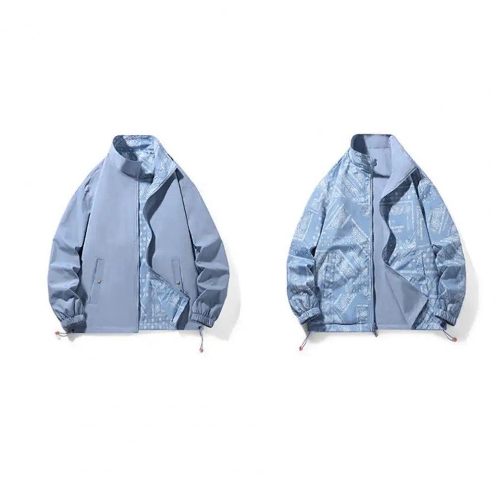 

Casual Men Jacket Versatile Men's Reversible Jacket Stylish Print Windproof Design Functional Pockets for Fall Spring Cuffed
