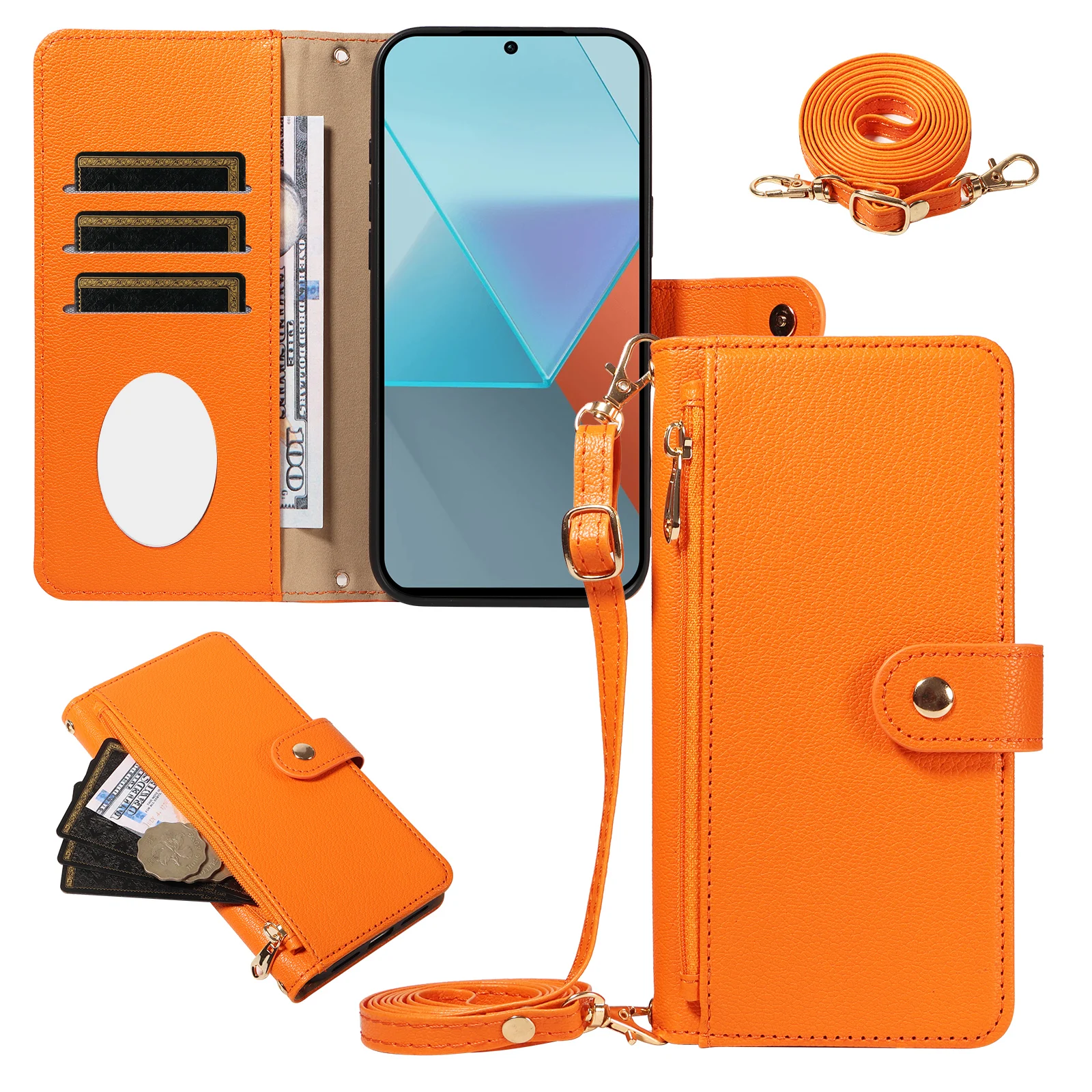 Women's Faux Leather Crossbody Protective Case with Coin Purse, Multi-Card Slots, Mirror, and Makeup Holder