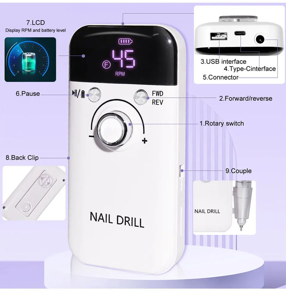 Description Picture 3 of item45000RPM Nail Drill Machine Electric Rechargeable Portable Nail File Manicure Tool Professional Nail Drills for Gel Nails Polish