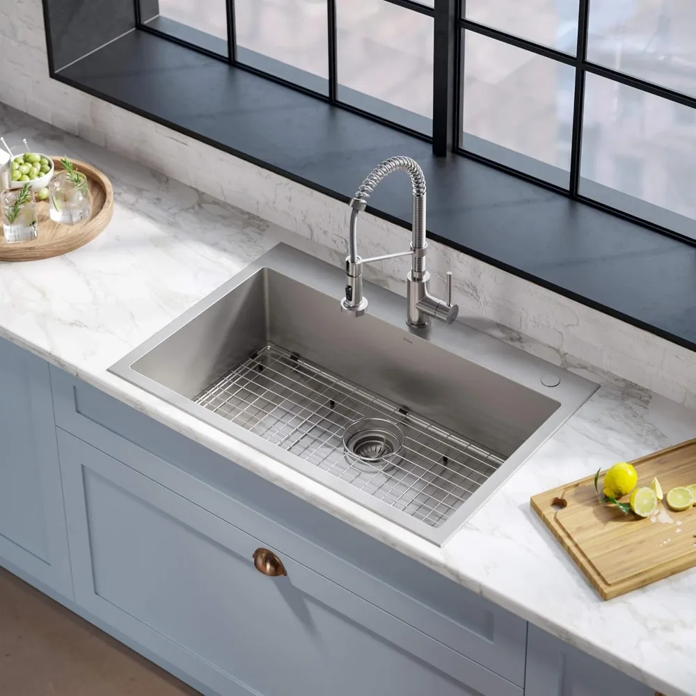 Dual Mount Drop Sink and Pull-Down Commercial Kitchen Faucet Combo in Stainless Steel Finish, 33"- Single Bowl