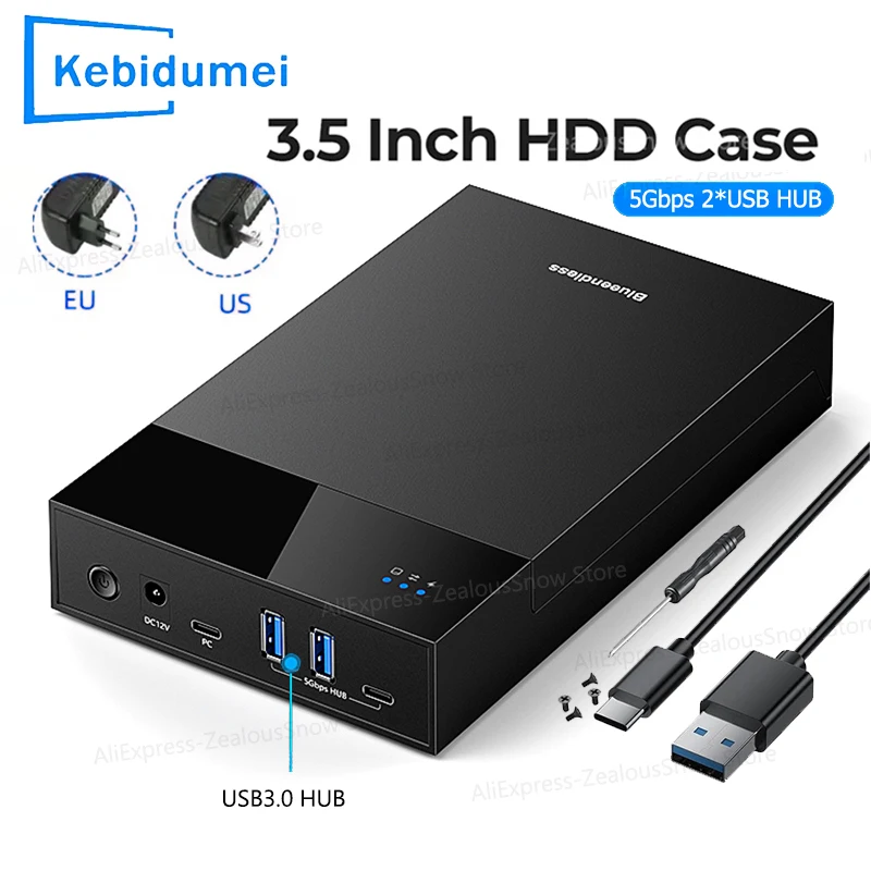 2.5 3.5 inch HDD Case USB 3.0 to SATA External Hard Drive Enclosure With 2*USB3.0 Multi-Port Hub Hard Drive Box Support 20TB Max