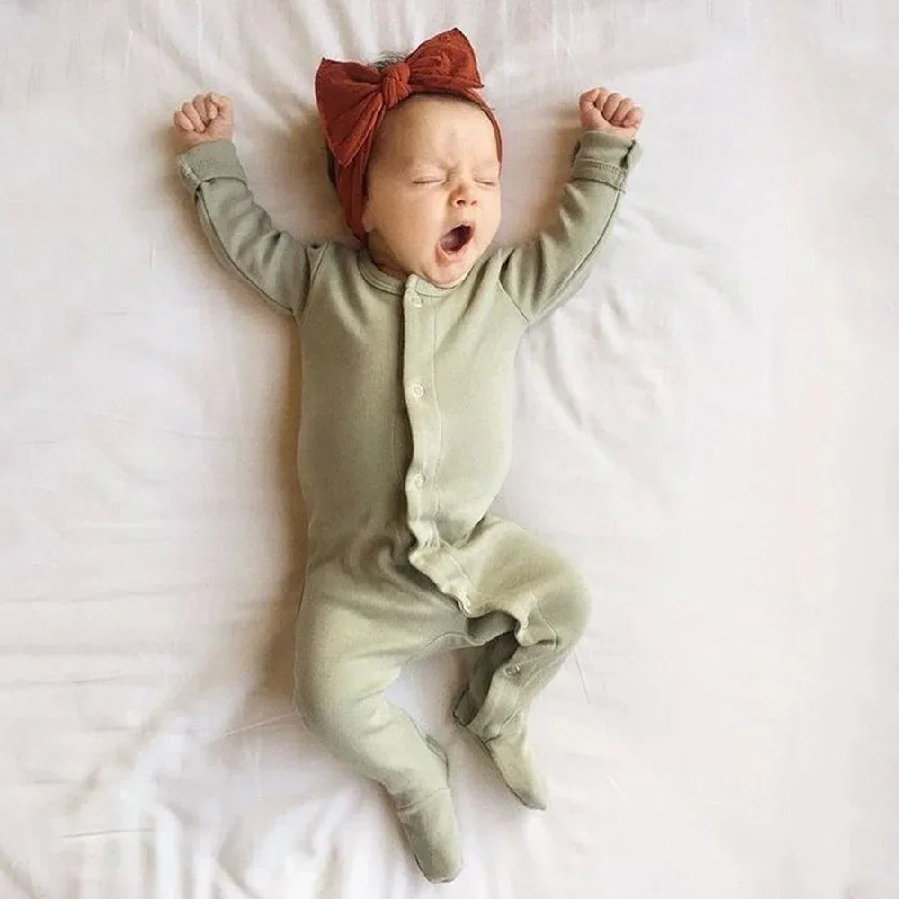 Baby Boy Girl Solid Footed Long-sleeve Jumpsuit One Pieces Baby Clothes Basic Style Spring and Autumn
