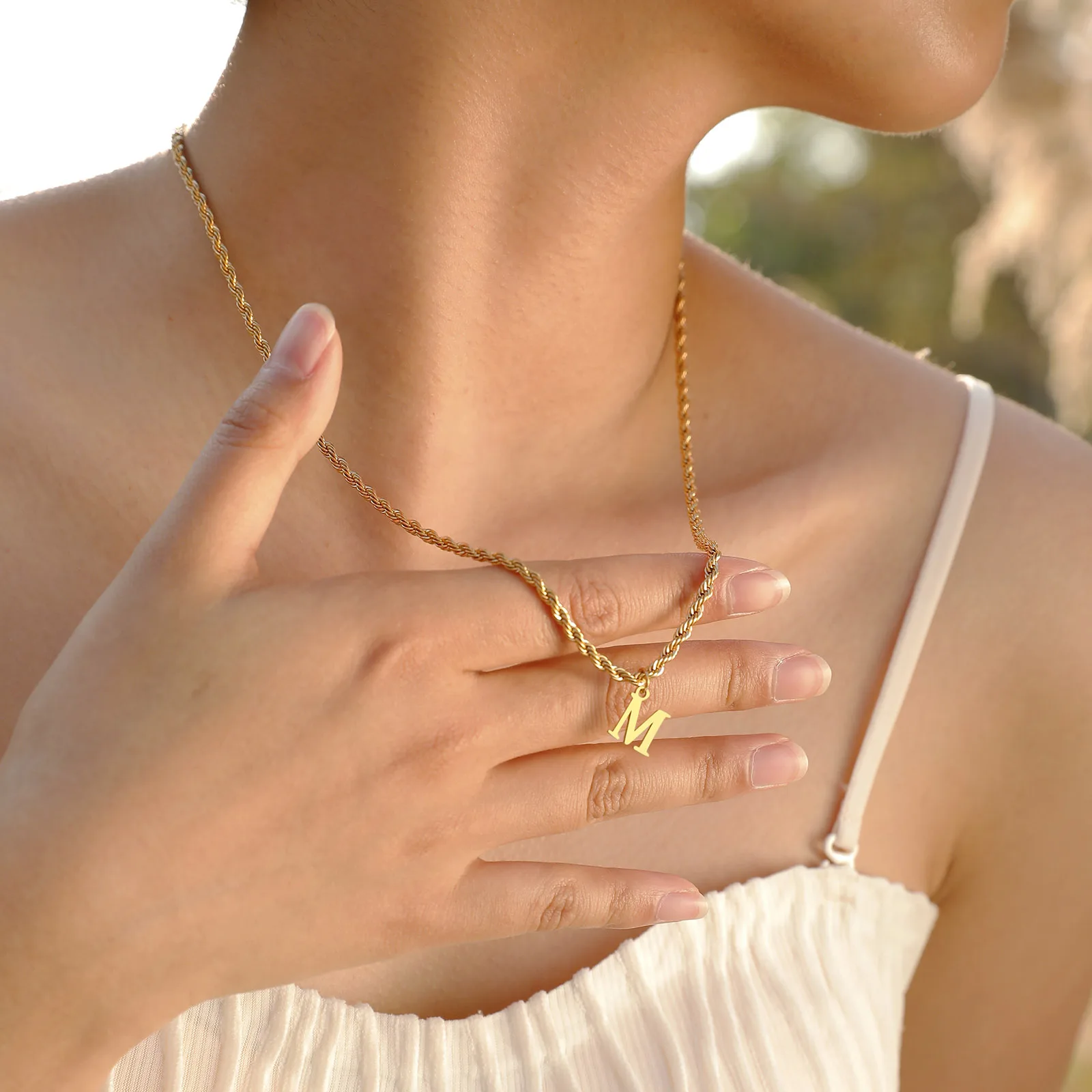 Vnox Unisex Stainless Steel Initial Necklace with Twisted Rope Chain