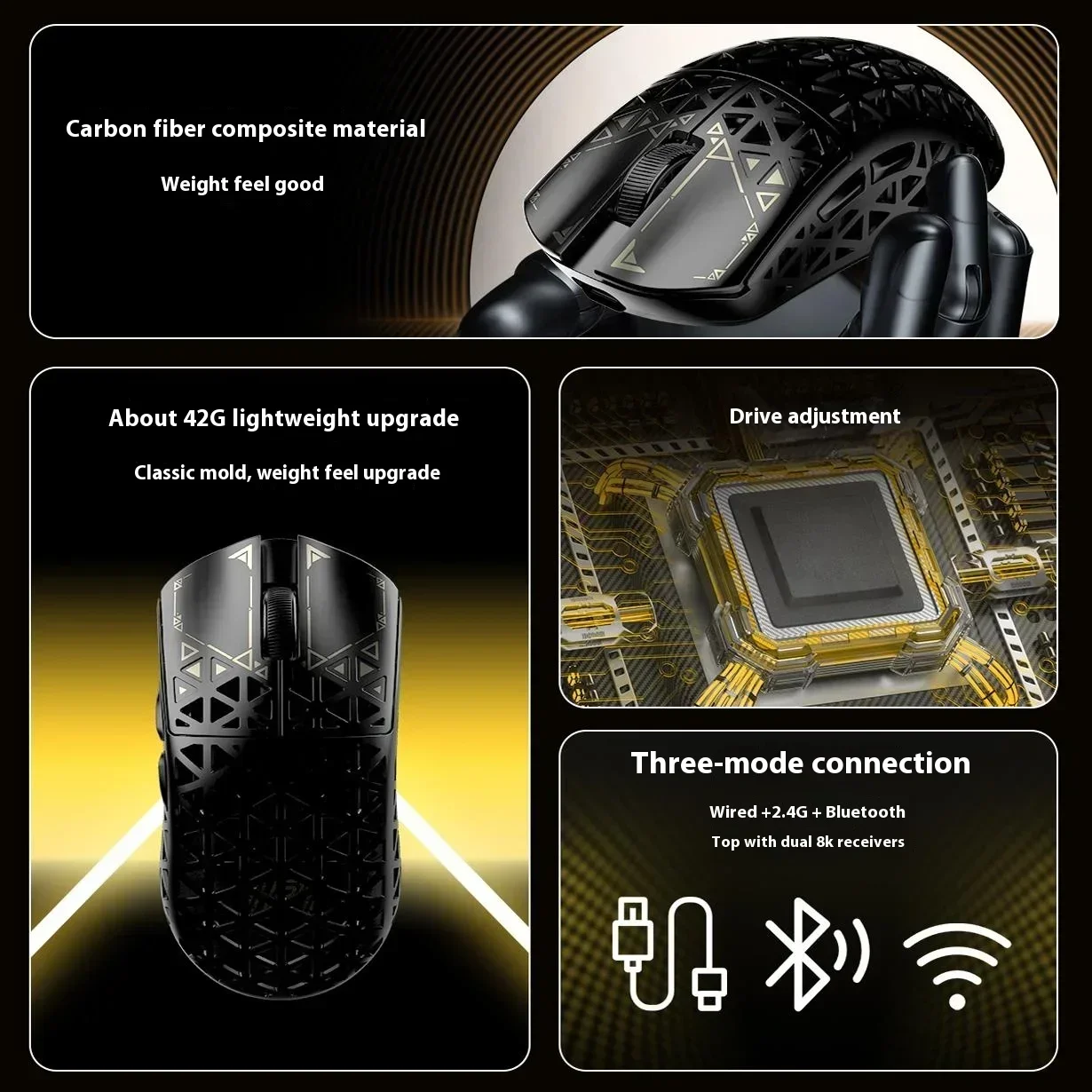 New Ipi Float Mouse Tri Mode 8K Wireless Mouse Paw3395 Fps Hollow Out Carbon Fibre Lightweight Gamer Mice PIao 88 Accessories