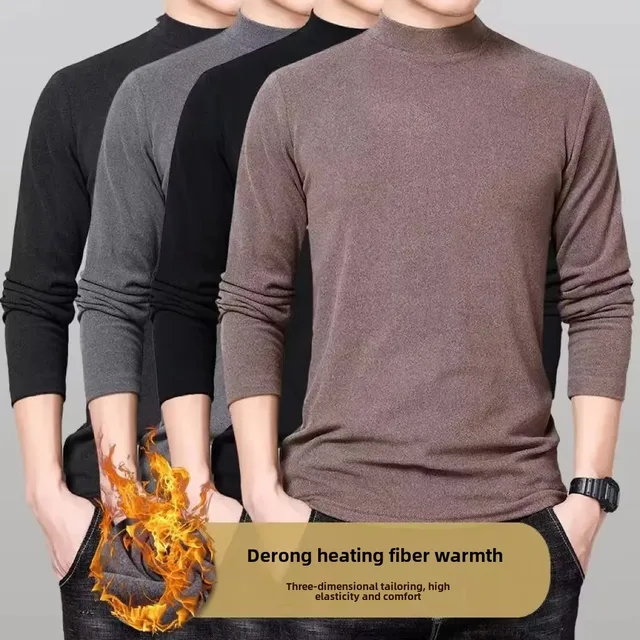 Men's Autumn/winter Fleece-lined Half Polo/turtle Neck Long Sleeve T-shirt Base Layer Velvet Thermal Shirt For Men Innerwear