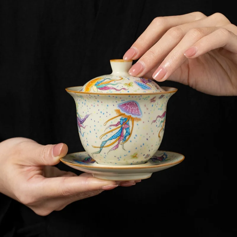 160ml Traditional Ru Kiln Jellyfish qing feng Gai Tea Bowl With Lid For Brewing Tea High-end Opening Can Raise Kung Fu Set