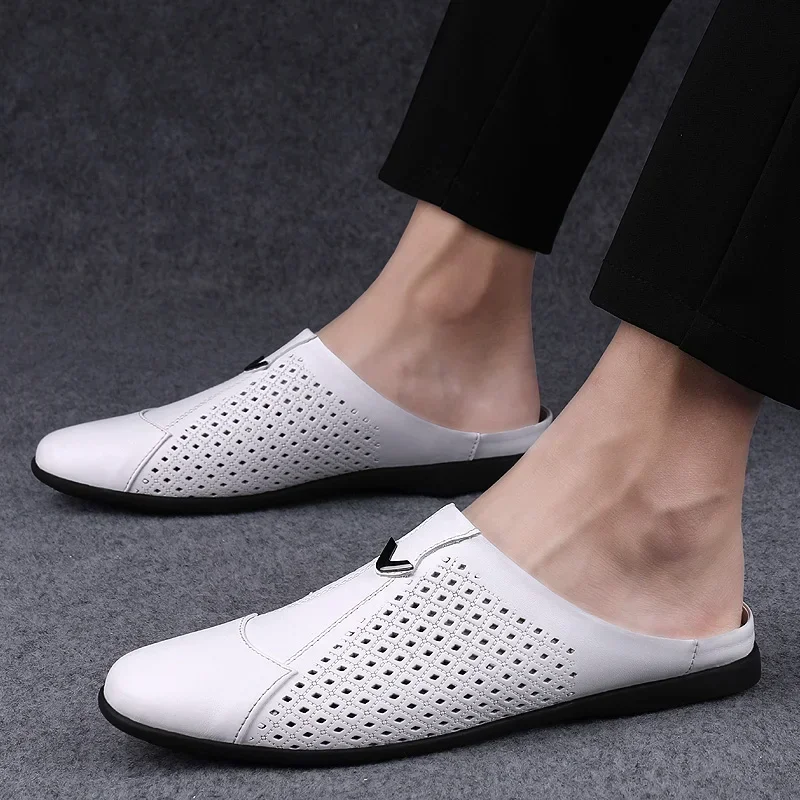 Fashion Mens Half Loafers Genuine Leather Baotou Leather Sandals Hollow Out Breathable Mules Man Outdoor Lightweight Half Shoes 3