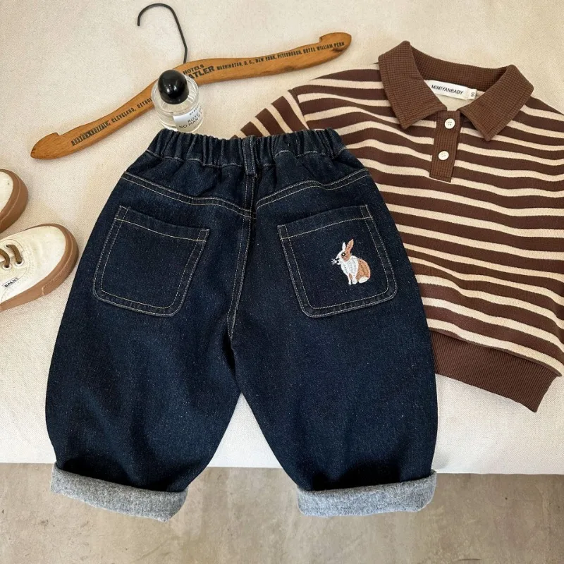 

2023 Winter Kids Pants Brushed Lining thicken jeans Boys and girls Rabbit embroidery casual denim Trousers