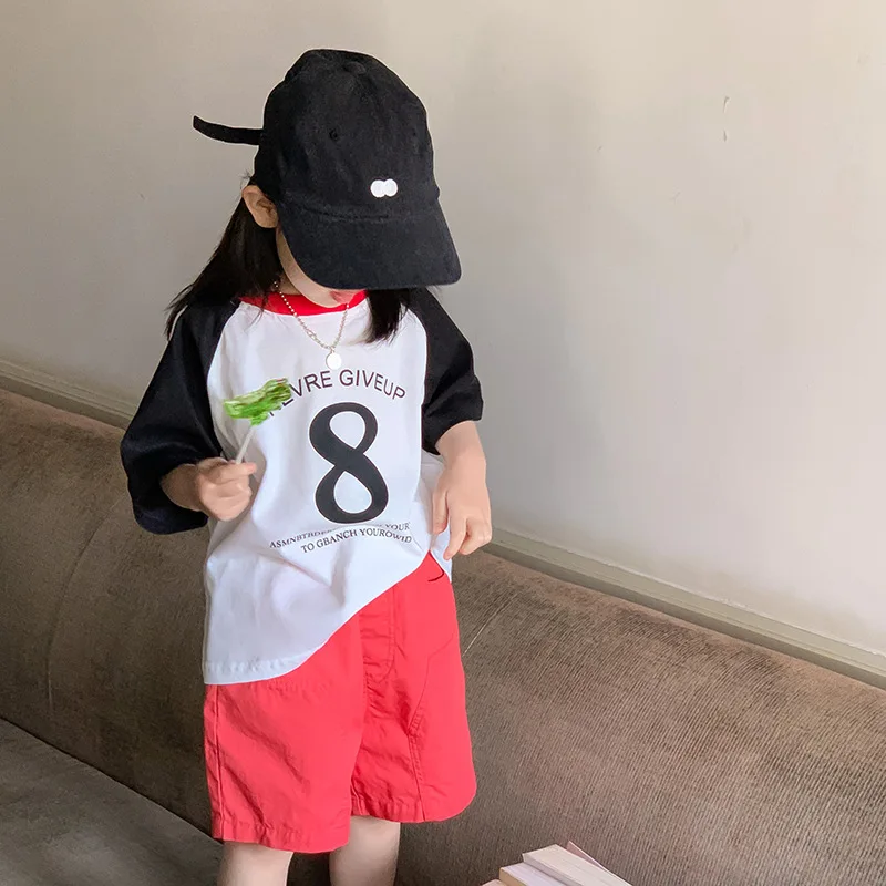 

2023 Summer New Children Letter Print Short Sleeve T-shirt Boys Girls Contrasting Color Spliced O-neck Tees Kids Toddler Tops