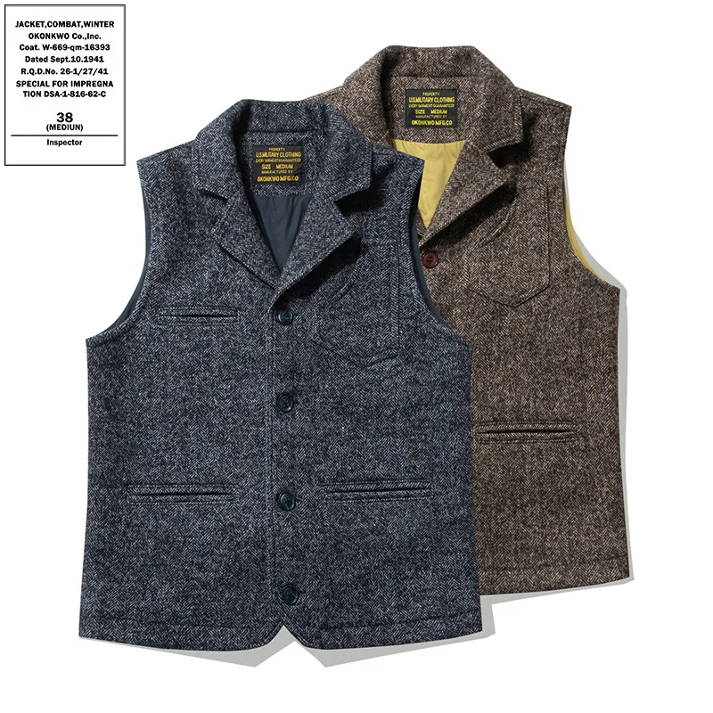 

OKONKWO Retro British Rough Wool Vest Thick Double-layer Multi-bag Suit Collar Vest AMEKAJI Outdoor Hunting Tooling Waistcoat