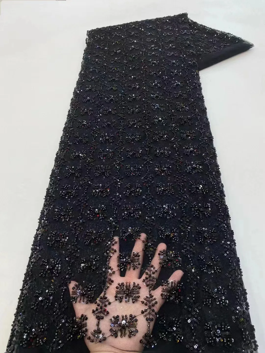

Luxurious Nigerian Handmade Beaded Lace Fabric High Quality Sequins Beaded Embroidery African French Lace Fabric Dress QF0815