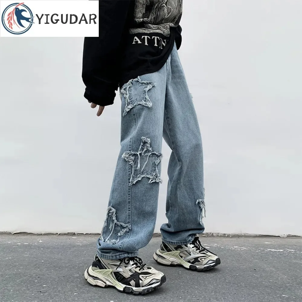 2024 New Fashion Stars Towel Embroidery Blue Men Jeans Pants Clothes Straight Hip Hop Cotton Trousers  Straight Leg Baggy Pants
